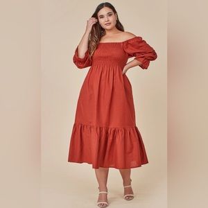 Rust Orange Smocked Ruffle MIDI Dress by BALILN Size XXXL NEW